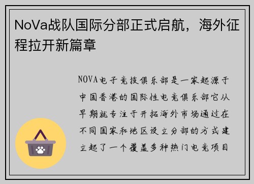 NoVa战队国际分部正式启航，海外征程拉开新篇章